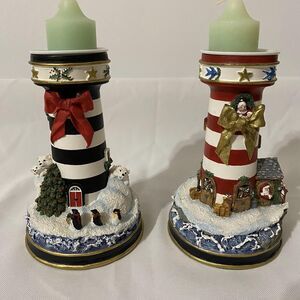 VTG Christmas Lighthouse Candlesticks "Polar Lights" & "Night Before Christmas